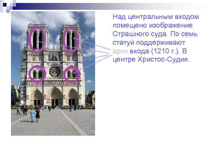 Над центральным входом помещено изображение Страшного суда. По семь статуй поддерживают арки входа (1210