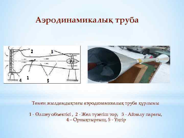 Аэродинамикалық труба Төмен жылдамдықтағы аэродинамикалық труба құрлымы 1 - Өлшеу объектісі , 2 -
