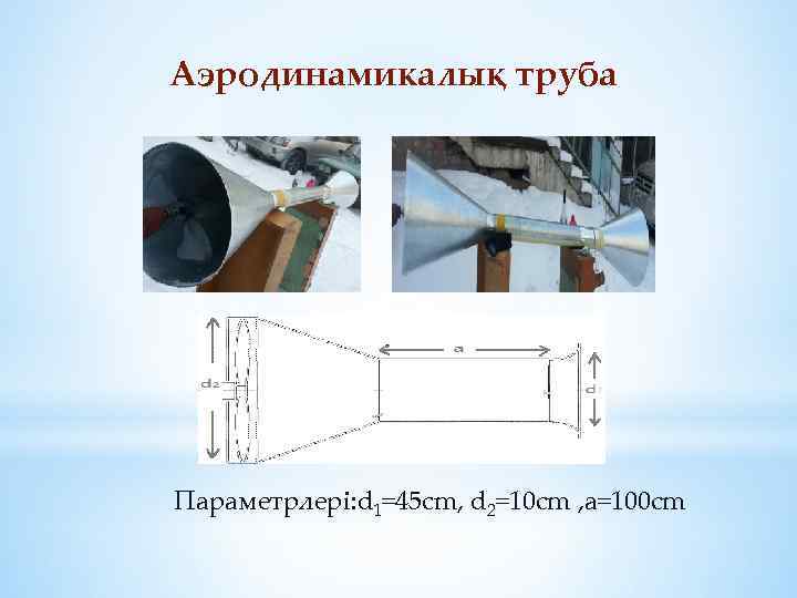 Аэродинамикалық труба Параметрлері: d 1=45 cm, d 2=10 cm , a=100 cm 