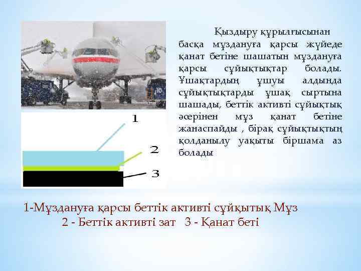 Қыздыру құрылғысынан басқа мұздануға қарсы жүйеде қанат бетіне шашатын мұздануға қарсы сұйықтықтар болады. Ұшақтардың