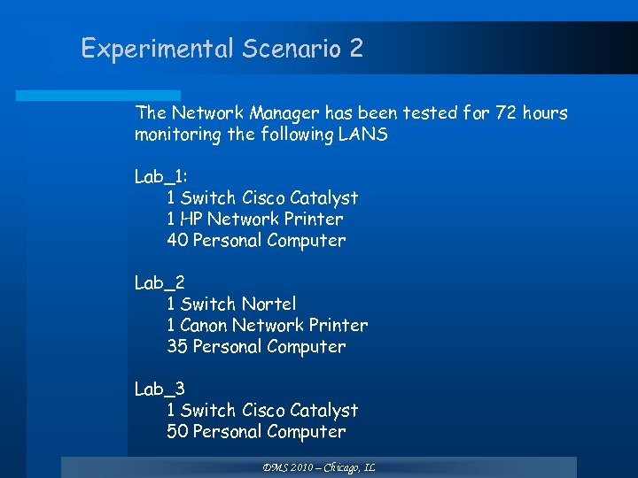 Experimental Scenario 2 The Network Manager has been tested for 72 hours monitoring the