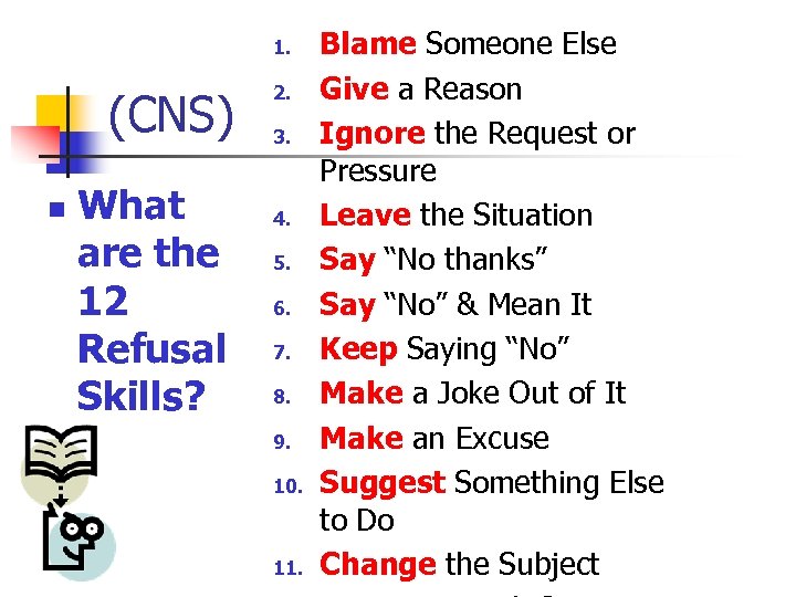 1. (CNS) n What are the 12 Refusal Skills? 2. 3. 4. 5. 6.