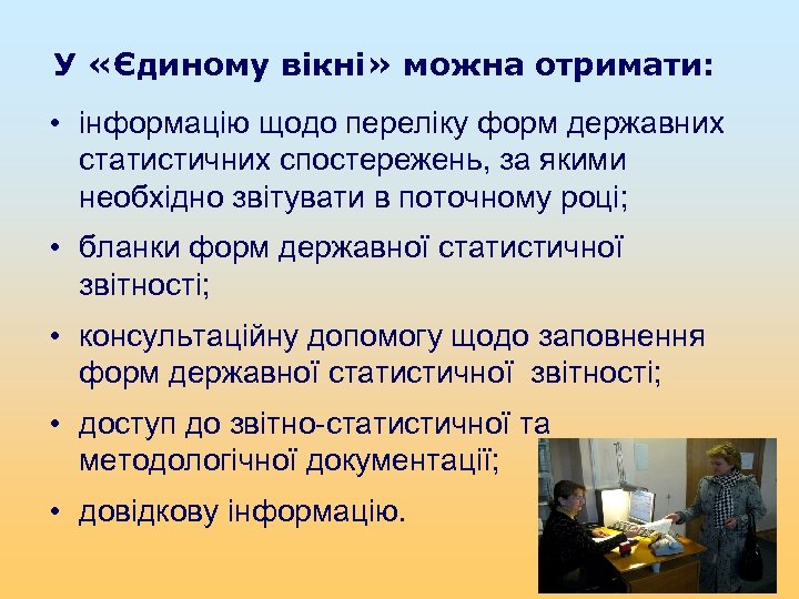 У «Єдиному вікні» можна отримати: • інформацію щодо переліку форм державних статистичних спостережень, за