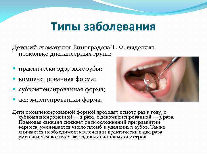 Типы заболевания Детский стоматолог Виноградова Т. Ф. выделила несколько диспансерных групп: практически здоровые зубы;