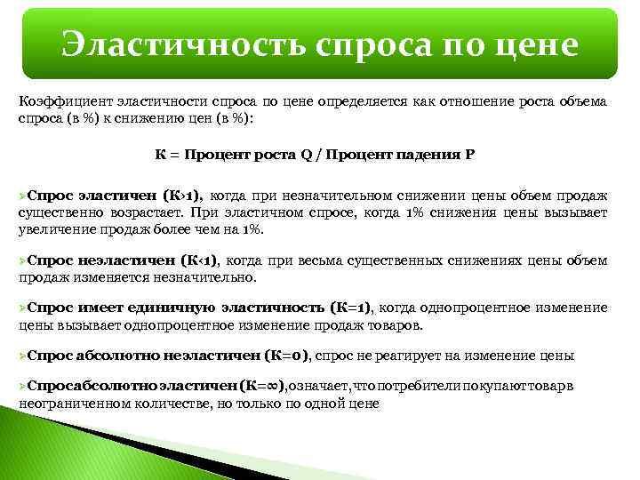 Эластичность спроса по цене Коэффициент эластичности спроса по цене определяется как отношение роста объема