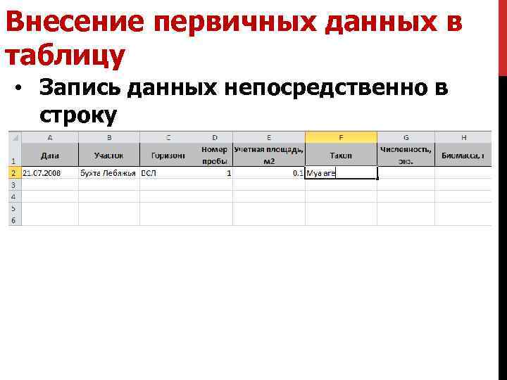 Внесение первичных данных в таблицу • Запись данных непосредственно в строку 