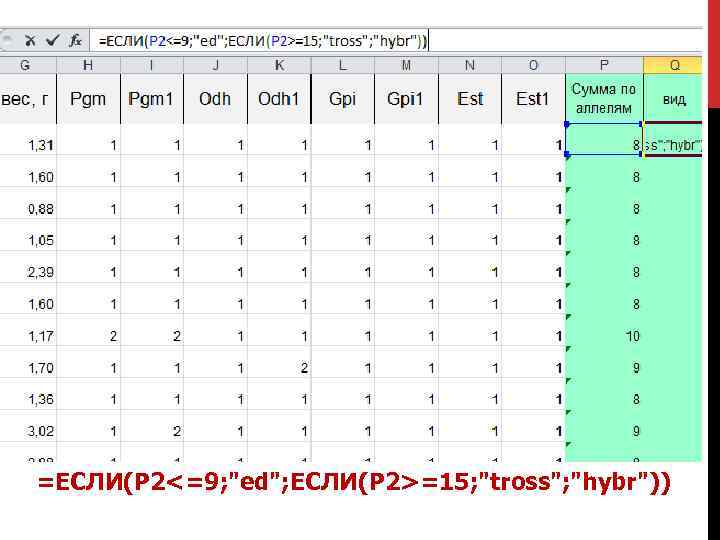 =ЕСЛИ(P 2<=9; "ed"; ЕСЛИ(P 2>=15; "tross"; "hybr")) 