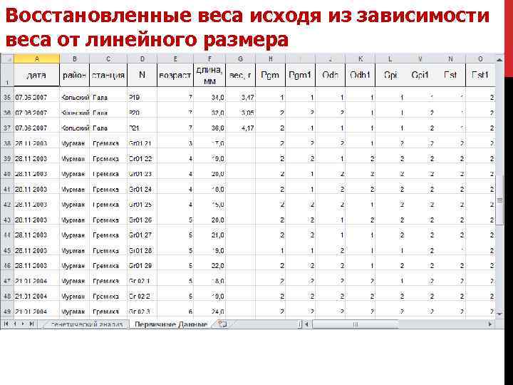 Восстановленные веса исходя из зависимости веса от линейного размера 