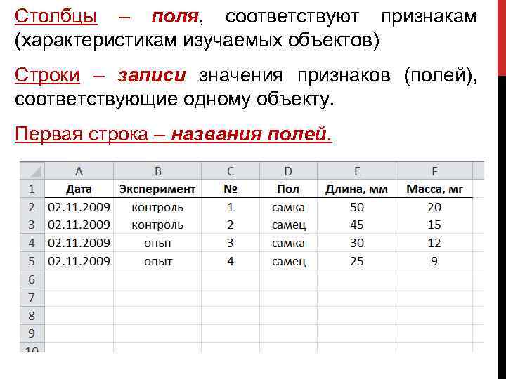 Столбцы – поля, соответствуют признакам (характеристикам изучаемых объектов) Строки – записи значения признаков (полей),