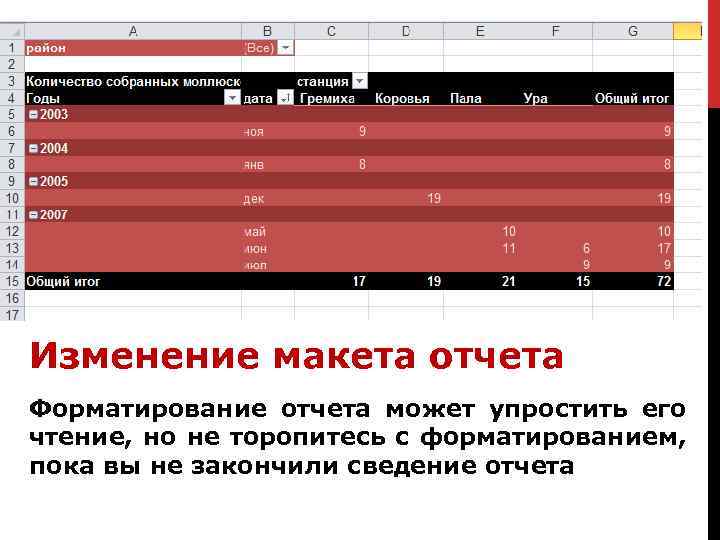 Изменение макета отчета Форматирование отчета может упростить его чтение, но не торопитесь с форматированием,