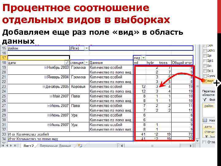 Процентное соотношение отдельных видов в выборках Добавляем еще раз поле «вид» в область данных