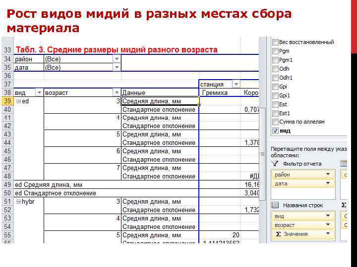 Рост видов мидий в разных местах сбора материала 