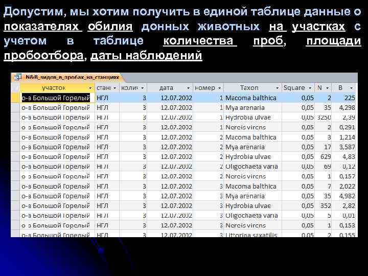 Допустим, мы хотим получить в единой таблице данные о показателях обилия донных животных на