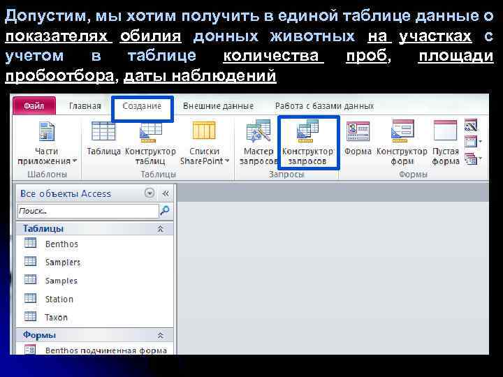 Допустим, мы хотим получить в единой таблице данные о показателях обилия донных животных на