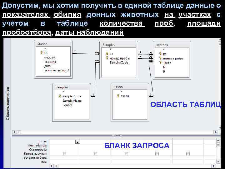Допустим, мы хотим получить в единой таблице данные о показателях обилия донных животных на