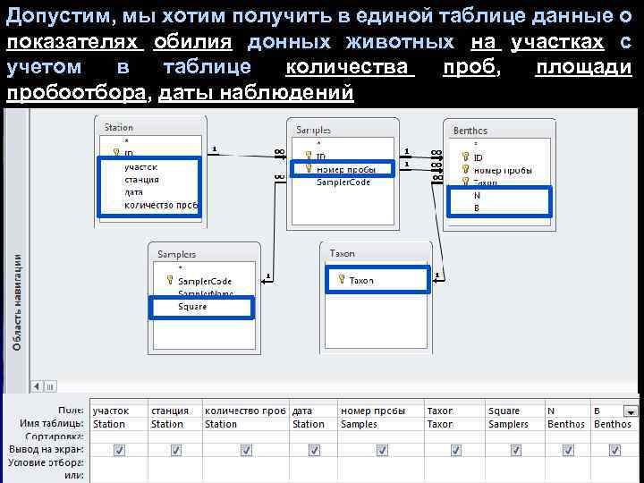 Допустим, мы хотим получить в единой таблице данные о показателях обилия донных животных на