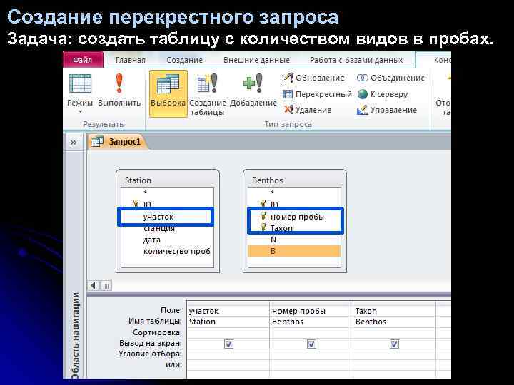 Создание перекрестного запроса Задача: создать таблицу с количеством видов в пробах. 