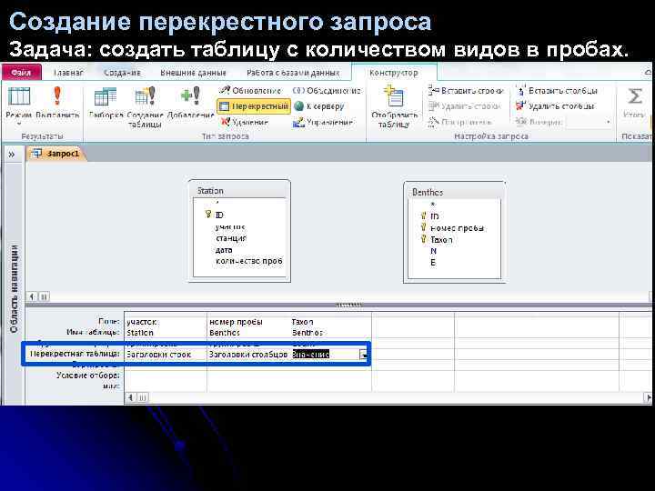 Создание перекрестного запроса Задача: создать таблицу с количеством видов в пробах. 