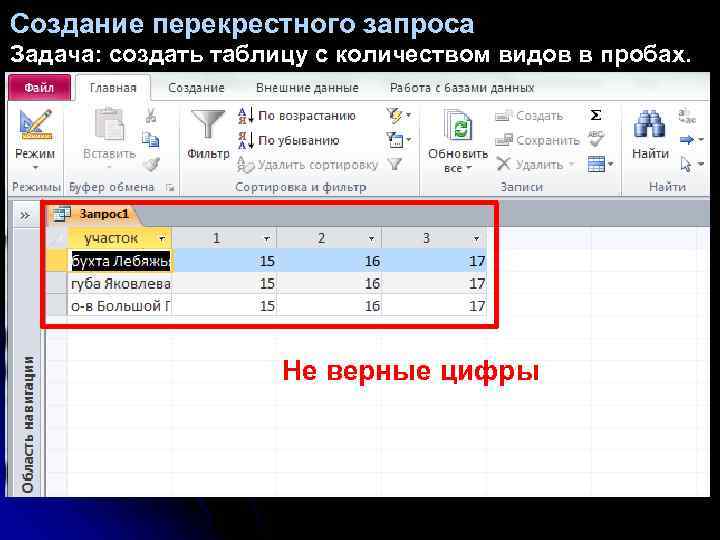 Создание перекрестного запроса Задача: создать таблицу с количеством видов в пробах. Не верные цифры