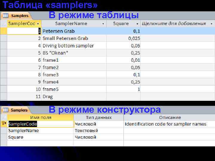 Таблица «samplers» В режиме таблицы В режиме конструктора 