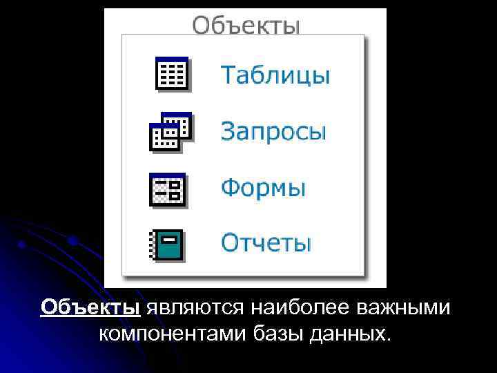Объекты являются наиболее важными компонентами базы данных. 
