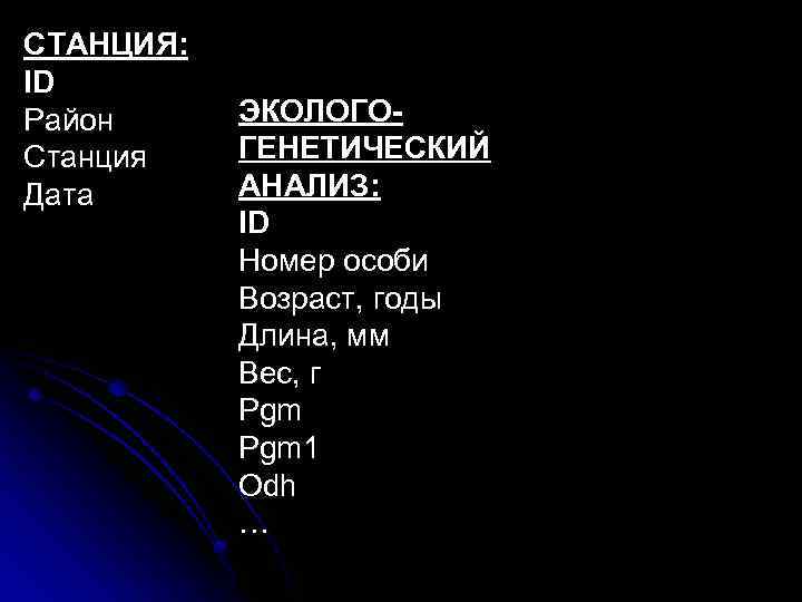 СТАНЦИЯ: ID Район Станция Дата ЭКОЛОГОГЕНЕТИЧЕСКИЙ АНАЛИЗ: ID Номер особи Возраст, годы Длина, мм