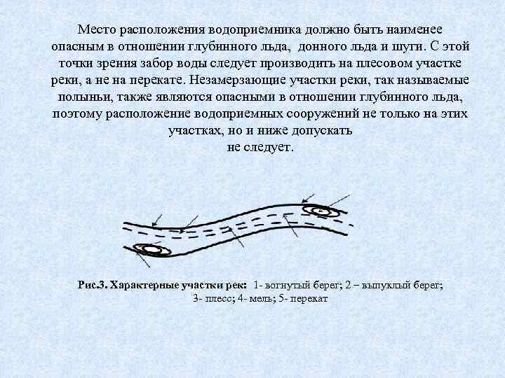 Место расположения водоприемника должно быть наименее опасным в отношении глубинного льда, донного льда и