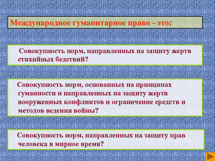 Международное гуманитарное право - это: Совокупность норм, направленных на защиту жертв стихийных бедствий? Совокупность