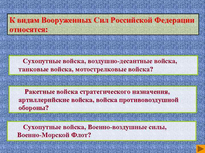 К видам Вооруженных Сил Российской Федерации относятся: Сухопутные войска, воздушно-десантные войска, танковые войска, мотострелковые