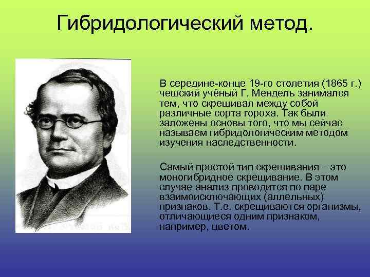 Гибридологический метод. В середине-конце 19 -го столетия (1865 г. ) чешский учёный Г. Мендель