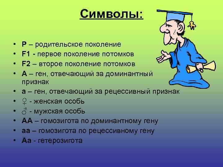 Символы: • • • P – родительское поколение F 1 - первое поколение потомков