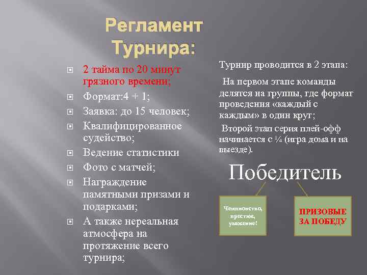 Регламент Турнира: 2 тайма по 20 минут грязного времени; Формат: 4 + 1; Заявка: