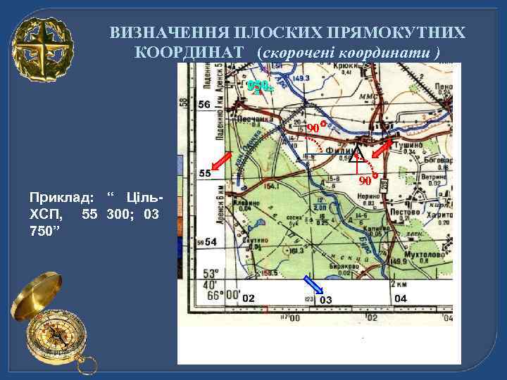 ВИЗНАЧЕННЯ ПЛОСКИХ ПРЯМОКУТНИХ КООРДИНАТ (скорочені координати ) 750 03 300 5 X= 5 Y=