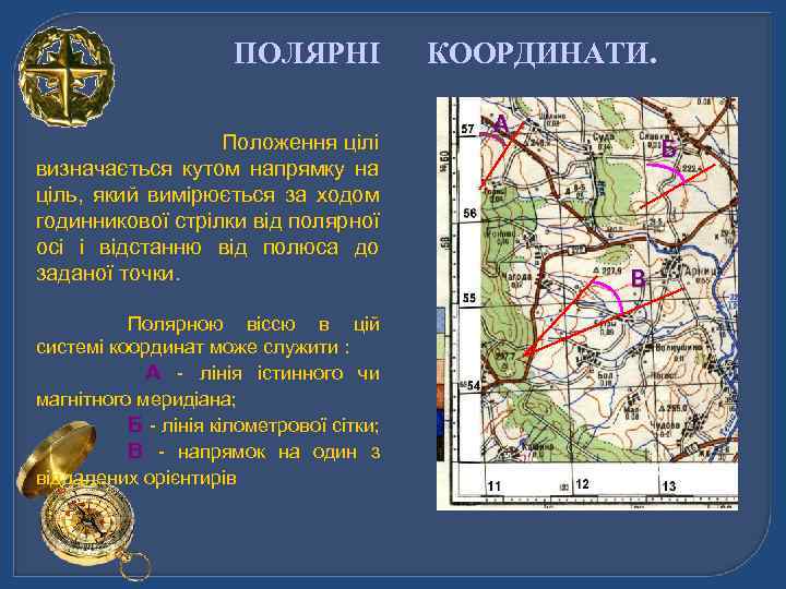 ПОЛЯРНІ Положення цілі визначається кутом напрямку на ціль, який вимірюється за ходом годинникової стрілки