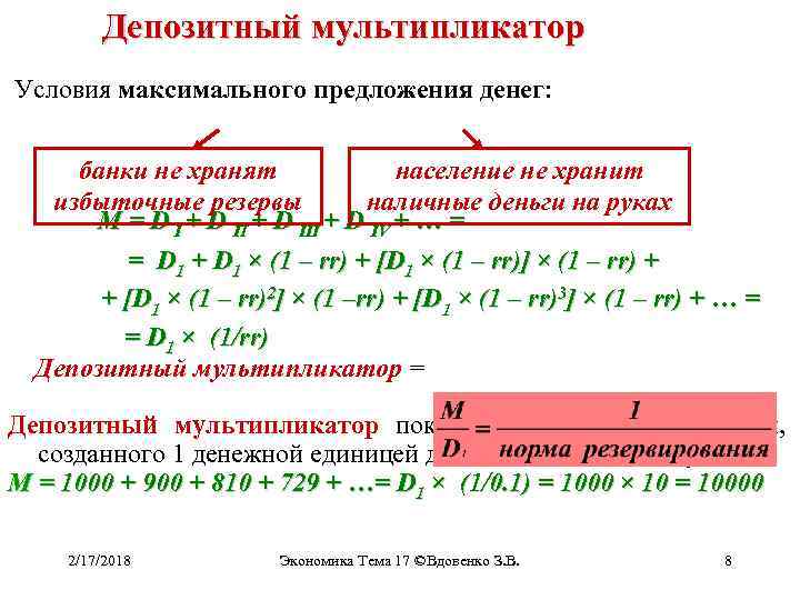 Максимальный предложения. Банковский (депозитный) мультипликатор. Банковский кредитный депозитный мультипликатор. Депозитный мультипликатор формула. Депозитный и денежный мультипликатор.