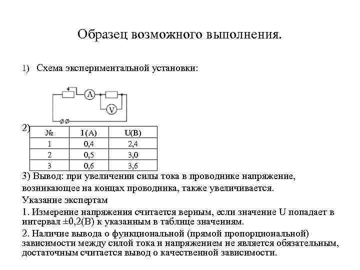 Образец возможного выполнения. 1) Схема экспериментальной установки: 2) № 1 2 3 I (A)