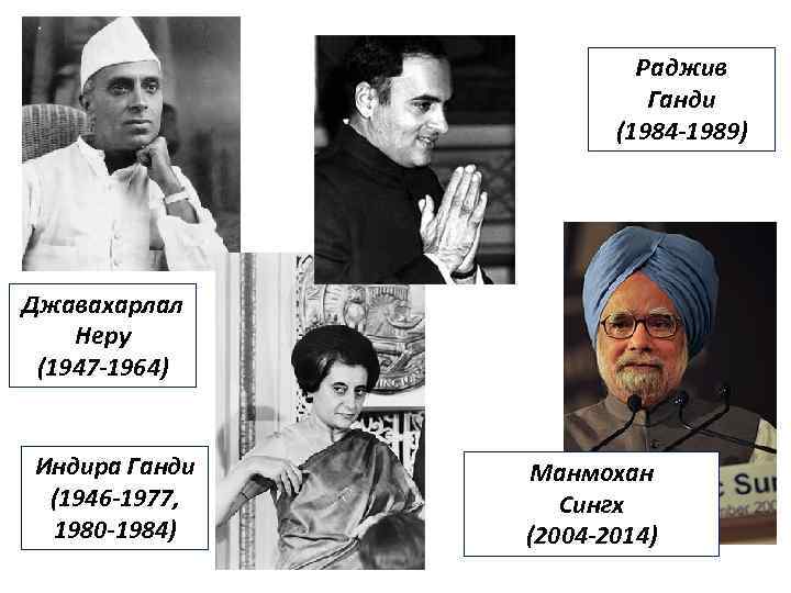 Раджив Ганди (1984 -1989) Джавахарлал Неру (1947 -1964) Индира Ганди (1946 -1977, 1980 -1984)