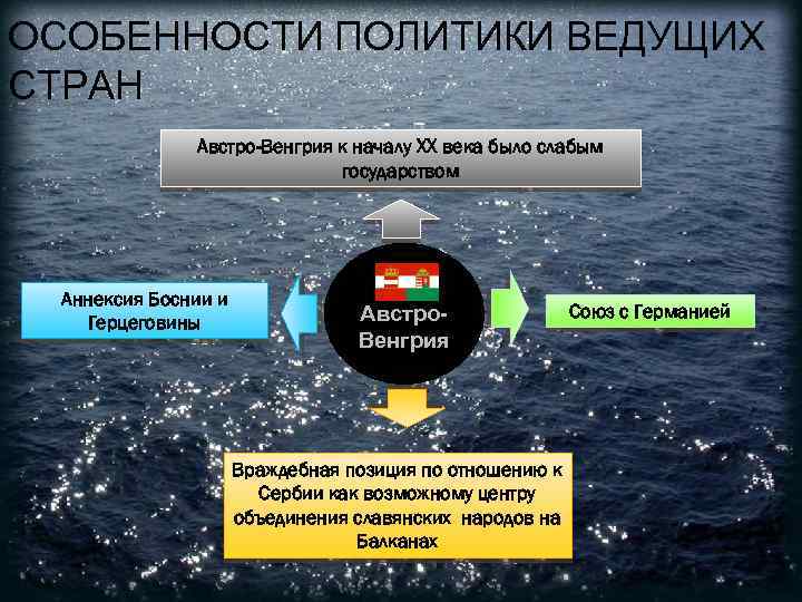 ОСОБЕННОСТИ ПОЛИТИКИ ВЕДУЩИХ СТРАН Австро-Венгрия к началу XX века было слабым государством Аннексия Боснии