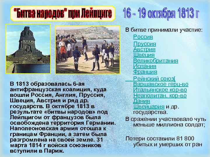 В 1813 образовалась 6 -ая антифранцузская коалиция, куда вошли Россия, Англия, Пруссия, Швеция, Австрия