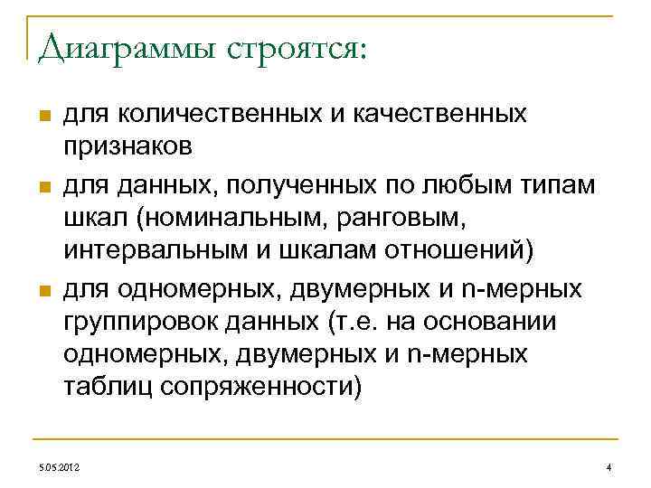 Диаграммы строятся: n n n для количественных и качественных признаков для данных, полученных по