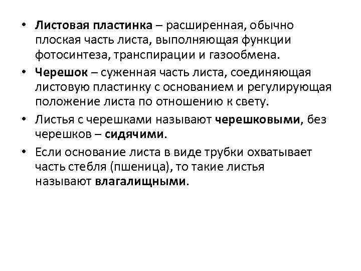  • Листовая пластинка – расширенная, обычно плоская часть листа, выполняющая функции фотосинтеза, транспирации