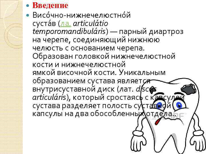  Введение Висо чно-нижнечелюстно й суста в (ла. articulátio temporomandibuláris) — парный диартроз на