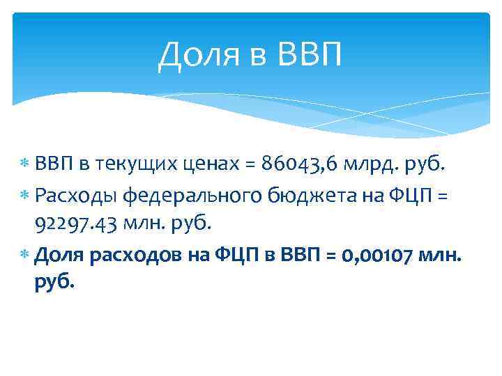 Доля в ВВП в текущих ценах = 86043, 6 млрд. руб. Расходы федерального бюджета
