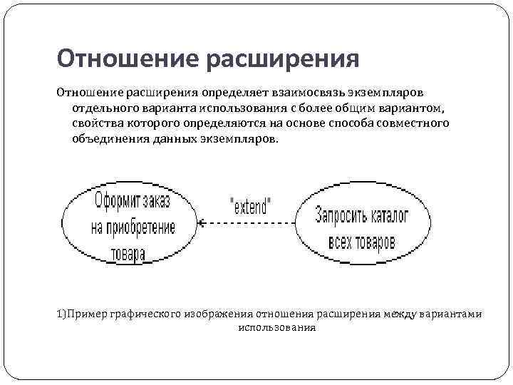 Отношение расширения определяет взаимосвязь экземпляров отдельного варианта использования с более общим вариантом, свойства которого