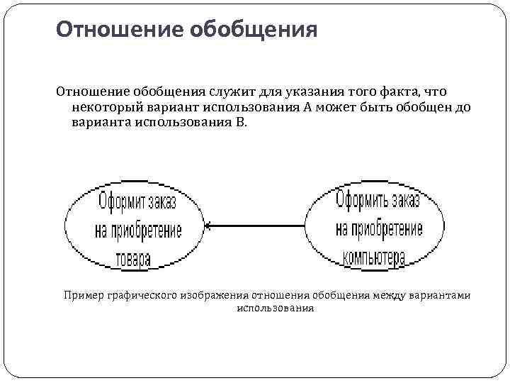 Отношение обобщения служит для указания того факта, что некоторый вариант использования А может быть