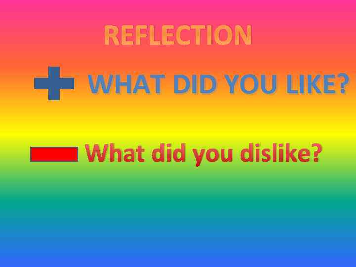 REFLECTION WHAT DID YOU LIKE? What did you dislike? 