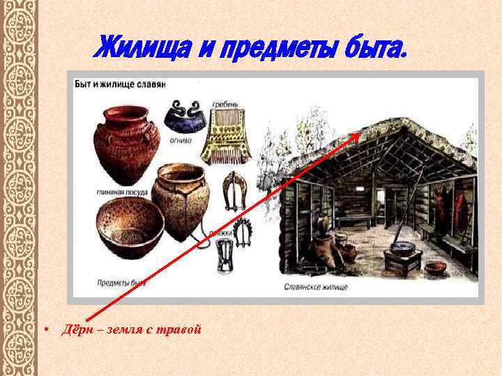 Жилища и предметы быта. • Дёрн – земля с травой 