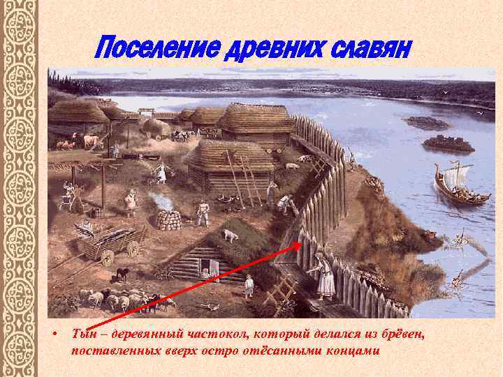 Поселение древних славян • Тын – деревянный частокол, который делался из брёвен, поставленных вверх