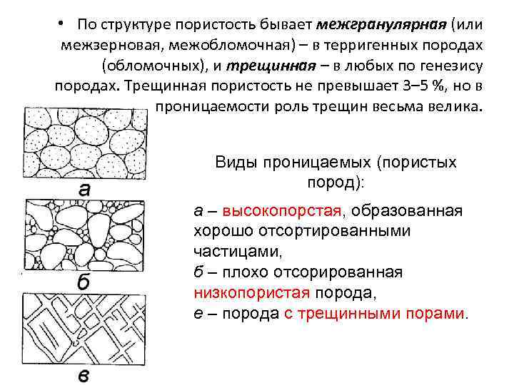  • По структуре пористость бывает межгранулярная (или межзерновая, межобломочная) – в терригенных породах