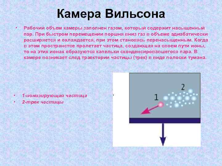 Камера Вильсона • • • Рабочий объем камеры заполнен газом, который содержит насыщенный пар.